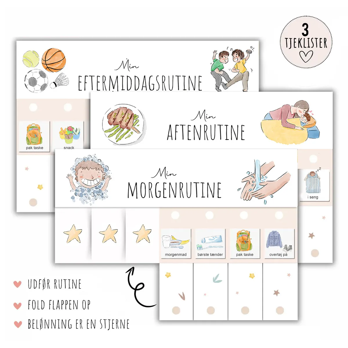 Tjeklister til morgen-, eftermiddags- og aftenrutine – 3 stk. udfyldt med piktogrammer 99-tjekx3