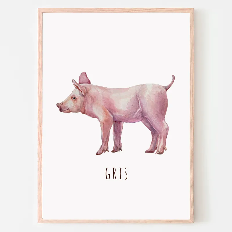 Dyreplakat Gris - A4 (21 x 29,7 cm.) Gris