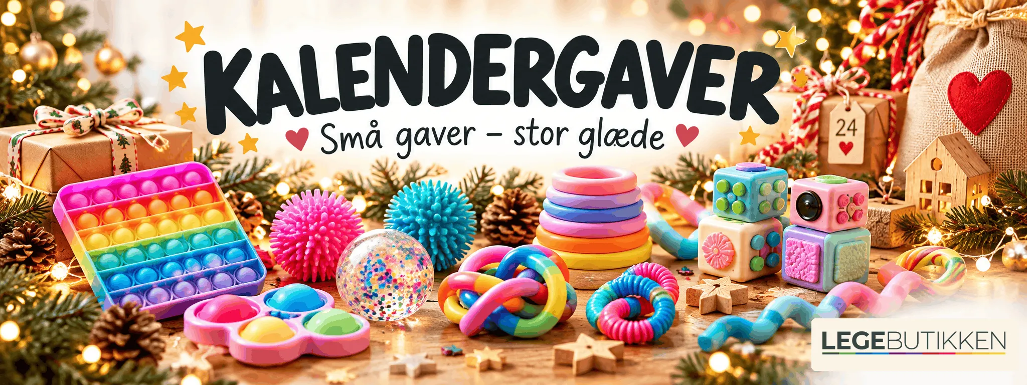 Kalendergaver – små gaver, stor glæde: farverige fidget-legetøj som pop it, piggede bolde, tangles og fidgetkuber mellem julepynt, kalenderpakker og grankviste